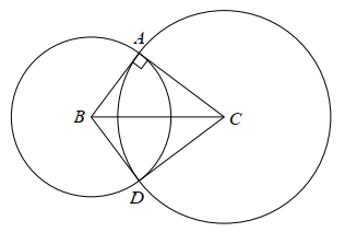 Cho tam giác  A B C  vuông tại  A ,  vẽ đường tròn  ( B ; B A )  và đường tròn  ( C ; C A )  chúng cắt nhau tại  D   ( D  khác  A ). Kết luận nào sau đây đúng nhất? (ảnh 1)