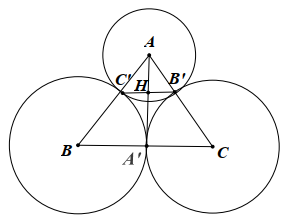 Cho đường tròn  ( A ; 10 c m ) , ( B ; 15 c m ) , ( C ; 15 c m )  tiếp xúc ngoài với nhau đôi một. Hai đường tròn  ( B )  và  ( C )  tiếp xúc nhau tại  A ′ .  Đường tròn  ( A )  tiếp xúc với đường tròn  ( B )  và  ( C )  lần lượt tại  C ′ , B ′ .  Cho các nhận định sau: (ảnh 1)