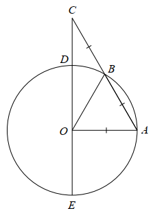 Cho đường tròn  ( O ; R )  và dây  A B = R .  Trên tia đối của tia  B A  lấy điểm  C  sao cho  B C = B A .  Kéo dài  C O  cắt đường tròn  ( O )  lần lượt tại  D , E  ( D  nằm giữa  C , O ). Kết luận nào sau đây là sai? (ảnh 1)