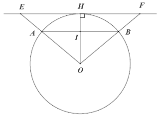 Cho đường tròn  ( O ; R )  và dây  A B = 1 , 2 R .  Vẽ đường thẳng tiếp xúc với  ( O ; R )  và song song với  A B ,  cắt các tia  O A , O B  lần lượt tại  E  và  F .  Diện tích tam giác  O E F  theo  R  là (ảnh 1)