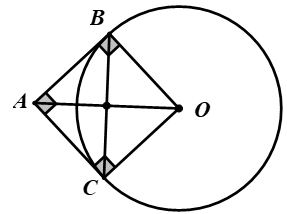 Cho đường tròn tâm  O  và điểm  A  nằm ngoài đường tròn. Từ  A  kẻ hai tiếp tiếp tuyến  A B  và  A C  của đường tròn tâm  O  (điểm  B , C  là tiếp điểm). Nếu  ˆ B A C = 90 ∘  thì tam giác  A B O  là (ảnh 1)