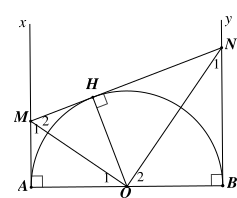 Cho nửa đường tròn  ( O ; R )  đường kính  A B .  Vẽ các tia tiếp tuyến  A x , B y  với nửa đường tròn. Lấy điểm  M  di động trên tia  A x ,  điểm  N  di động trên tia  B y  sao cho  A M ⋅ B N = R 2 .  Cho các nhận định sau: (ảnh 1)