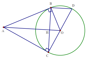 Hai tiếp tuyến tại  B  và  C  của đường tròn  ( O ; R )  cắt nhau tại  A .  Vẽ đường kính  C D  đường tròn  ( O ) .  Khẳng định nào sau đây là đúng? (ảnh 1)