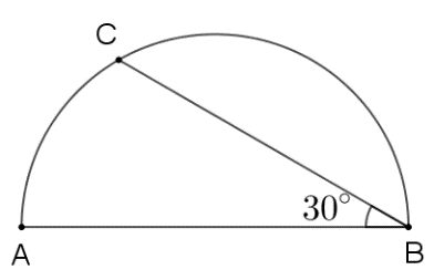Cho nửa đường tròn đường kính  A B  và điểm  C  thuộc nửa đường tròn này sao cho  ˆ A B C = 30 ∘ . Số đo của cung  B C  làO10-2024-GV154 (ảnh 1)