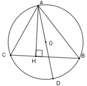 Cho tam giác  A B C  có ba đỉnh nằm trên đường tròn  ( O ; R ) , đường cao  A H , biết  A B = 12 c m ,  A C = 15 c m ,  A H = 6 c m . Đường kính của đường tròn  ( O )  bằng (ảnh 1)