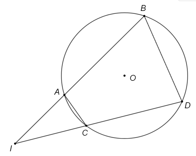 Cho đường tròn  ( O )  và điểm  I  nằm ngoài  ( O ) . Từ điểm  I  kẻ hai dây cung  A B  và  C D   ( A  nằm giữa  I  và  B ,  C  nằm giữa  I  và  D ). Tích  I A ⋅ I B  bằng (ảnh 1)