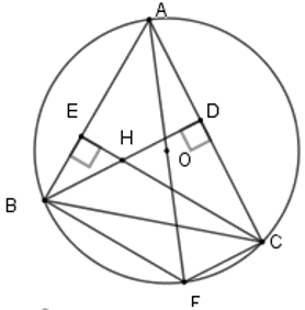 Cho tam giác  A B C  nhọn có ba đỉnh nằm trên đường tròn  ( O ) . Hai đường cao  B D  và  C E  cắt nhau tại  H . Vẽ đường kính  A F . Khẳng định nào sau đây là đúng? (ảnh 1)