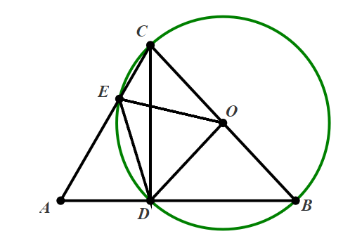 Cho tam giác  A B C  nhọn có  ˆ B A C = 60 ∘ . Vẽ đường tròn đường kính  B C  tâm  O  cắt  A B ,  A C  lần lượt tại  D  và  E . Số đo góc  ˆ O D E  là (ảnh 1)