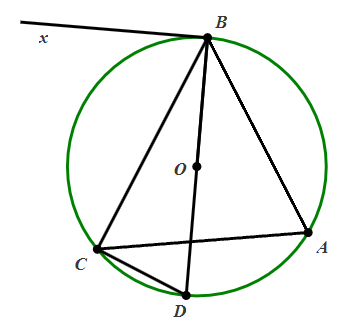 Cho  A B C  nhọn có ba đỉnh nằm trên đường tròn  ( O )  đường kính  B D . Vẽ tia  B x  sao cho tia  B C  nằm giữa hai tia  B x , B D  và  ˆ x B C = ˆ A . Số đo góc  ˆ O B x  là (ảnh 1)