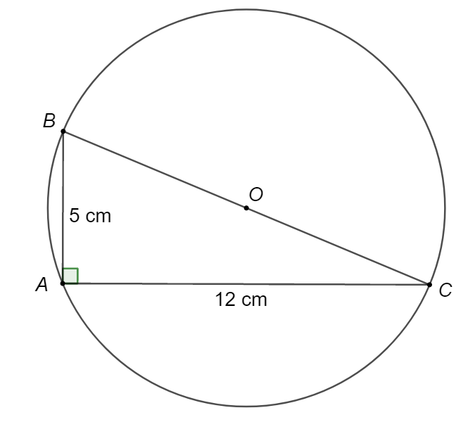 Cho tam giác  A B C  vuông tại  A , có  A B = 5 c m ;  A C = 12 c m . Bán kính đường tròn ngoại tiếp tam giác  A B C  là (ảnh 1)