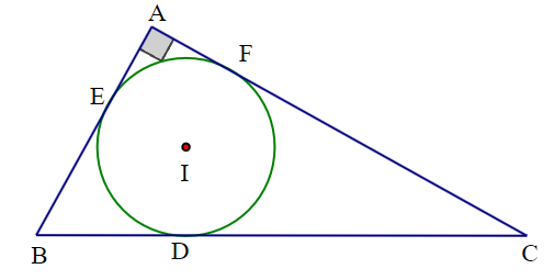 Cho  Δ A B C  vuông tại  A ,  ˆ B A C = 90 ∘ ( A B ≤ A C ) . Đường tròn  ( I )  nội tiếp tam giác  A B C  tiếp xúc với  B C  tại  D . Kết quả nào sau đây là đúng? (ảnh 1)