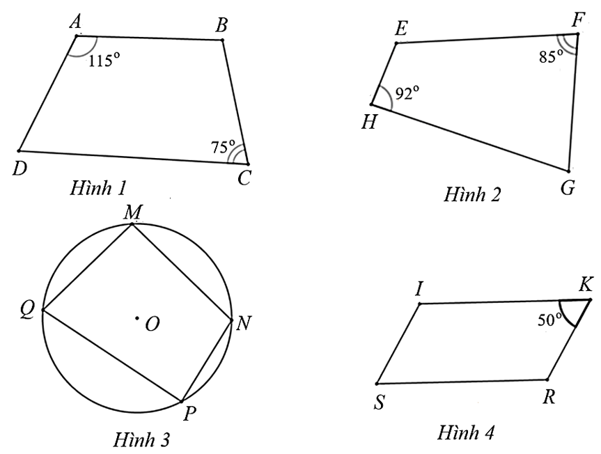 Trong các hình dưới đây.Trong các hình trên, tứ giác trong hình nào là tứ giác nội tiếp?D. Hình 4. (ảnh 1)