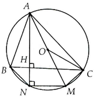 Cho tam giác  A B C  có ba góc nhọn, đường cao  A H  và nội tiếp đường tròn tâm  ( O ) , đường kính  A M . Gọi  N  là giao điểm của  A H  với đường tròn  ( O ) . Tứ giác  B C M N  là (ảnh 1)