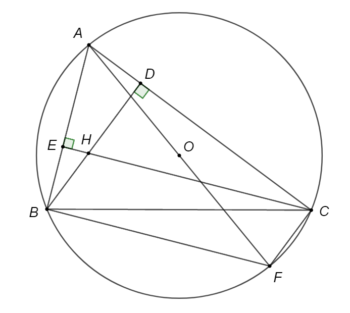 Cho tam giác  A B C  nhọn nội tiếp  ( O ) . Hai đường cao  B D  và  C E  cắt nhau tại  H . Vẽ đường kính  A F . Khẳng định nào sau đây là đúng? (ảnh 1)