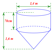 Một dụng cụ gồm một phần có dạng hình trụ, phần còn lại có dạng hình nón. Các kích thước cho trên hình vẽ dưới đây.Thể tích của dụng cụ ấy bằng (ảnh 1)