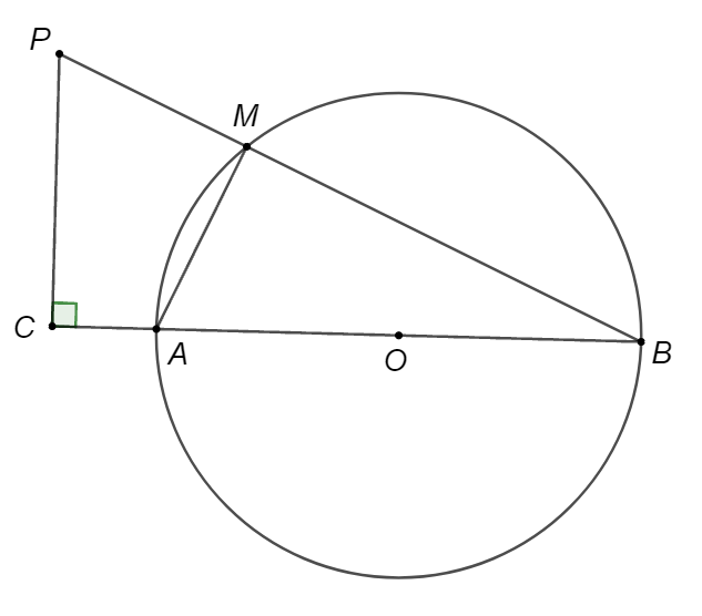 Cho đường tròn  ( O )  có  A B  là đường kính. Trên tia đối của tia  A B  lấy điểm  C  nằm ngoài đường tròn. Lấy điểm  M  bất kì nằm trên đường tròn  ( O ) . Gọi  P  là giao điểm của  M B  và đường vuông góc với  A B  tại  C . Chọn khẳng định đúng. (ảnh 1)