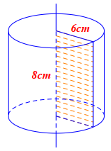 Hình chữ nhật có chiều dài  8 c m ,  chiều rộng  6 c m .  Quay hình chữ nhật đó một vòng quanh chiều dài của nó ta được một hình trụ có chiều cao  h  và bán kính đáy  r . (ảnh 1)