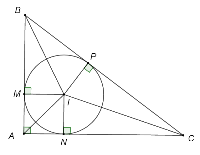 Cho  Δ A B C  vuông tại  A , có  A B = 6 c m  và  A C = 8 c m  ngoại tiếp đường tròn  ( I ; r ) . Bán kính  r  của đường tròn là (ảnh 1)