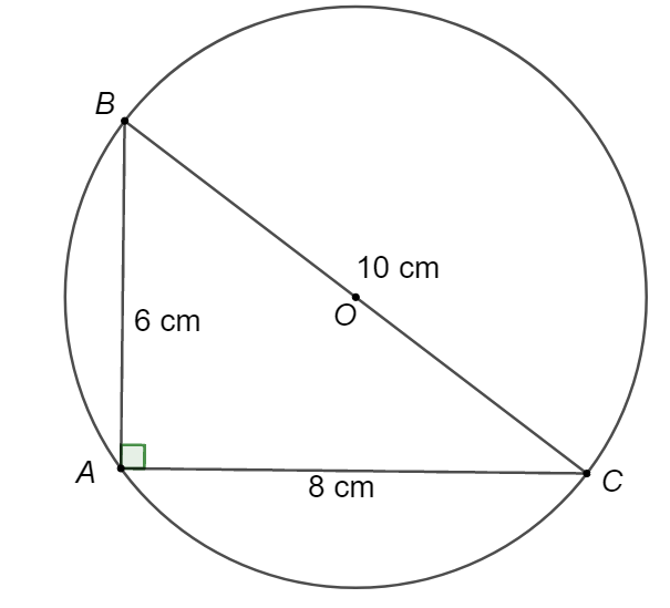 Cho tam giác  A B C  có  A B = 6 c m ;  B C = 10 c m  và  A C = 8 c m . Bán kính đường tròn ngoại tiếp tam giác  A B C  là (ảnh 1)