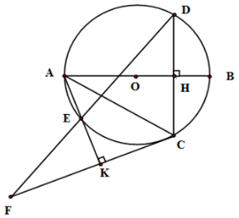 Cho đường tròn  ( O )  đường kính  A B . Gọi  H  là điểm nằm giữa  O  và  B . Kẻ dây  C D  vuông góc với  A B  tại  H . Trên cung nhỏ  A C  lấy điểm  E , kẻ  C K ⊥ A E  tại  K . Đường thẳng  D E  cắt  C K  tại  F . Khẳng định nào sau đây là đúng? (ảnh 1)