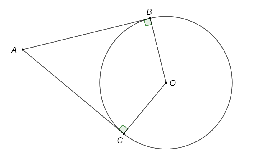 Cho điểm  A  nằm ngoài đường tròn  ( O )  qua  A  kẻ hai tiếp tuyến  A B  và  A C  với đường tròn ( B , C  là tiếp điểm). Chọn đáp án đúng: (ảnh 1)
