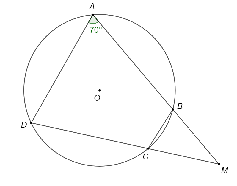Tứ giác  A B C D  nội tiếp đường tròn có hai cạnh đối  A B  và  C D  cắt nhau tại  M  và  ˆ B A D = 70 ∘ . Số đo  ˆ B C M  là (ảnh 1)