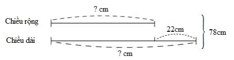 Một hình chữ nhật có chu vi là 156 cm. Chiều rộng kém chiều dài là 22 cm. Vậy diện tích hình chữ nhật đó là: (ảnh 1)