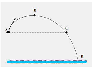 Một vật được ném lên theo phương xiên góc với phương nằm ngang từ vị trí A, rơi xuống mặt đất tại vị trí D (Hình vẽ). Bỏ qua sức cản của không khí. Tại vị trí nào vật có thế năng lớn nhất? (ảnh 1)