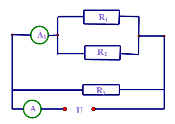 a) Cho mạch điện có sơ đồ  như hình vẽ. Hiệu điện thế UAB = 48V. Biết R1 = 16\[\Omega \], R2 = 24\[\Omega \]. Khi mắc thêm điện trở R3 vào hai điểm C và D thì ampe kế chỉ 6A. Hãy tính điện tr (ảnh 2)