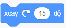  Lệnh trong Scratch có tác dụng gì đối với nhân vật?A. Xoay nhân vật 15 độ theo chiều kim đồng hồ.B. Xoay nhân vật 15 độ theo chiều ngược kim đồng hồ.C. Xoay nhân vật 15 độ theo chiều ngang.D (ảnh 1)