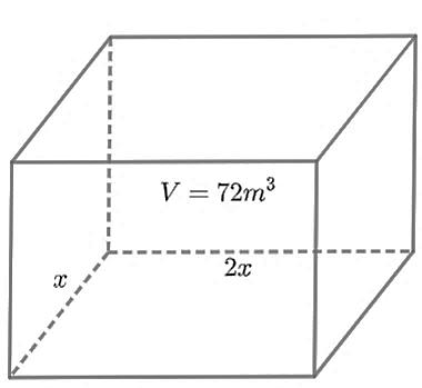 Bác Sơn muốn xây một bể chứa nước có dạng hình hộp chữ nhật không nắp có thể tích bằng 72 m3. Đáy bể có dạng hình chữ nhật với chiều rộng là x (m), chiều dài gấp đôi chiều rộng. Bác Sơn muốn  (ảnh 1)