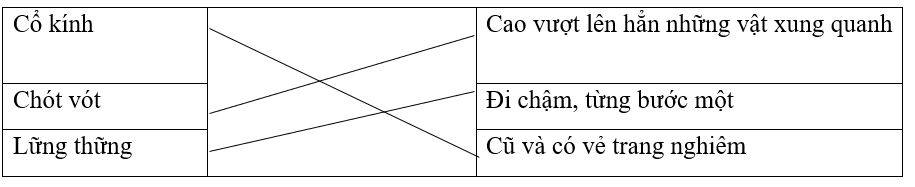 Nối các từ với nghĩa tương ứng.Cổ kínhCao vượt lên hẳn những vật xung quanhChót vótĐi chậm, từng bước mộtLững thữngCũ và có vẻ trang nghiêmĐáp án:Hướng dẫn giải:Chú ý phần chú thích từ ngữ tr (ảnh 1)