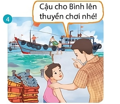 Nối tranh với nội dung tương ứng.Cậu dẫn Bình đi lên thăm thuyền, được ăn bữa 