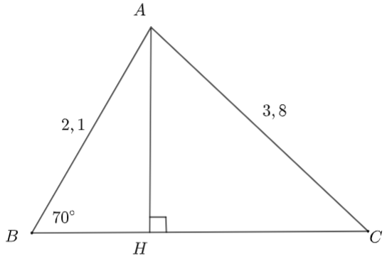 Giải tam giác nhọn ABC biết AB = 2,1; AC = 3,8 và \(\widehat B = 70^\circ \). (Kết quả độ dài các cạnh làm tròn đến hàng phần mười, góc làm tròn đến độ) (ảnh 1)