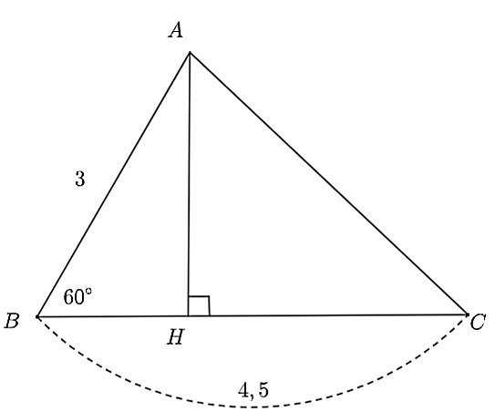 Giải tam giác nhọn ABC biết \(\widehat B = 60^\circ \), AB = 3,0 và BC = 4,5. (Độ dài các cạnh làm tròn đến hàng phần mười, góc làm tròn đến độ) (ảnh 1)