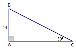 Giải tam giác ABC vuông tại A biết AB = 14 cm và \(\widehat C = 30^\circ \). (ảnh 1)