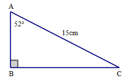 Giải tam giác ABC vuông tại B. Cho biết AC = 15 cm, \(\widehat A = 52^\circ \)(kết quả làm tròn đến chữ số thập phân thứ nhất). (ảnh 1)