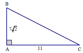 Giải tam giác ABC vuông tại A biết AB = \(7\sqrt 2 \) cm, AC = 11 cm (độ dài cạnh làm tròn đến chữ số thập phân thứ hai, góc làm tròn đến độ). (ảnh 1)