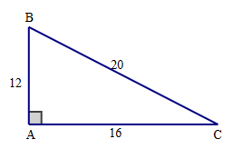 Giải tam giác ABC vuông tại A có AB = 12 cm, AC = 16 cm và BC = 20 cm. Tính các góc của tam giác ABC (làm tròn đến độ) (ảnh 1)