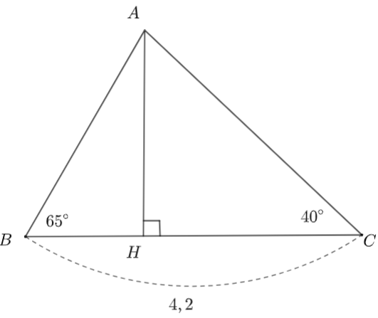 Giải tam giác ABC biết \(\widehat B = 65^\circ \); \(\widehat C = 40^\circ \) và BC = 4,2 cm. (Độ dài các cạnh làm tròn đến hàng phần mười) (ảnh 1)