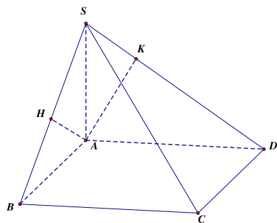 Cho hình chóp  S . A B C D  có đáy là hình chữ nhật và  S A  vuông góc với mặt phẳng đáy. Gọi  H , K  theo thứ tự là hình chiếu của  A  trên các cạnh  S B , S D . (ảnh 1)