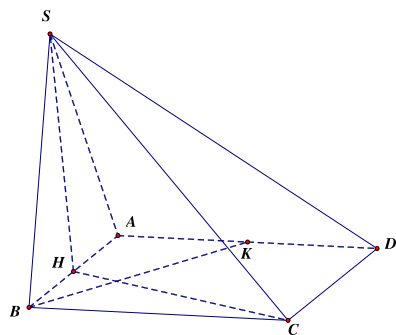 Cho hình chóp  S . A B C D  có đáy  A B C D  là hình vuông. Gọi  H  là trung điểm của  A B  và  S H ⊥ ( A B C D ) , gọi  K  là trung điểm của cạnh  A D . Góc giữa hai đường thẳng  B K  và  S C  bằng bao nhiêu độ? (ảnh 1)
