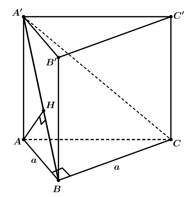 Cho khối lăng trụ đứng  A B C . A ′ B ′ C ′  có đáy  A B C  là tam giác vuông cân tại  B ,  A B = a . Biết khoảng cách từ  A  đến mặt phẳng  ( A ′ B C )  bằng  √ 6 3 a , thể tích khối lăng trụ đã cho bằng (ảnh 1)