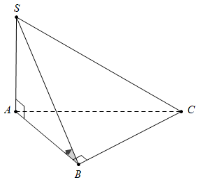 Cho hình chóp  S . A B C  có đáy là tam giác vuông tại  B ,  S A  vuông góc với đáy và  S A = A B . Góc giữa đường thẳng  S B  và mặt phẳng  ( A B C )  bằng bao nhiêu độ? (ảnh 1)