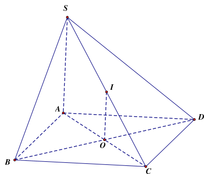 Cho hình chóp  S . A B C D  có đáy  A B C D  là hình vuông tâm  O ,  S A ⊥ ( A B C D ) . Gọi  I  là trung điểm của  S C . Khoảng cách từ  I  đến mặt phẳng  ( A B C D )  bằng độ dài đoạn thẳng nào (ảnh 1)