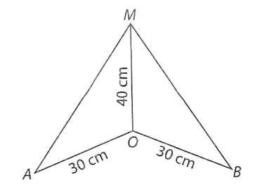 Một chiếc cột được dựng trên nền sân phẳng. Gọi  O  là điểm đặt chân cột trên mặt sân và  M  là điểm trên cột cách chân cột  40  cm. Trên mặt sân, người ta lấy hai điểm  A  và  B  đều cách  O  là  30  cm ( A , B , O  không thẳng hàng). Người ta đo độ dài  M A  và  M B  đều bằng 50 cm. Hỏi theo các số liệu trên, chiếc cột có vuông góc với mặt sân hay không? (ảnh 1)