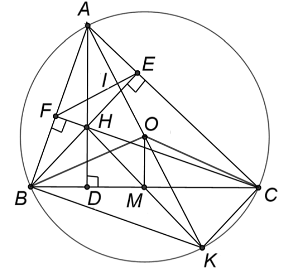 Cho tam giác   A B C   nhọn có   A B < A C   nội tiếp đường tròn   ( O ; R )  . Các đường cao   B E ; C F   của tam giác cắt nhau tại   H     ( E   thuộc   A C , F  thuộc   A B ) .    a) Chứng minh: Tứ giác   B F E C   nội tiếp đường tròn.  b) Kẻ đường kính   A K   của đường tròn   ( O )  . Chứng minh   A K   vuông góc với   E F  . (ảnh 1)