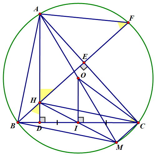 Cho đường tròn   ( O )  , bán kính   R ( R > 0 )   và dây cung   B C   cố định. Một điểm   A   chuyển động trên cung lớn   B C   sao cho tam giác   A B C   có ba góc nhọn. Kẻ các đường cao   A D , B E   của tam giác   A B C   cắt nhau tại   H   và   B E   cắt đường tròn   ( O )   tại   F    ( F   khác   B ) . (ảnh 1)