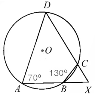 Cho tứ giác nội tiếp   A B C D   đường tròn   ( O )  . Hai đường thẳng   A B   và   D C   cắt nhau tại   X .   Biết   ˆ B A D = 70 ∘ ; ˆ A B C = 130 ∘ .   Tính số đo góc   B X C   (đơn vị độ). (ảnh 1)