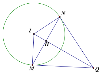 Trong hệ trục tọa độ   O x y   cho hai điểm   M ( 4 ; − 3 ) , N ( 4 ; 1 )   và đường thẳng   d : x + 6 y = 0  . Tìm bán kính (kết quả làm tròn đến hàng phần trăm) của đường tròn   ( C )   đi qua   M   và   N   biết rằng các tiếp tuyến của   ( C )   tại   M   và   N   cắt nhau tại điểm   Q   thuộc   d  . (ảnh 1)